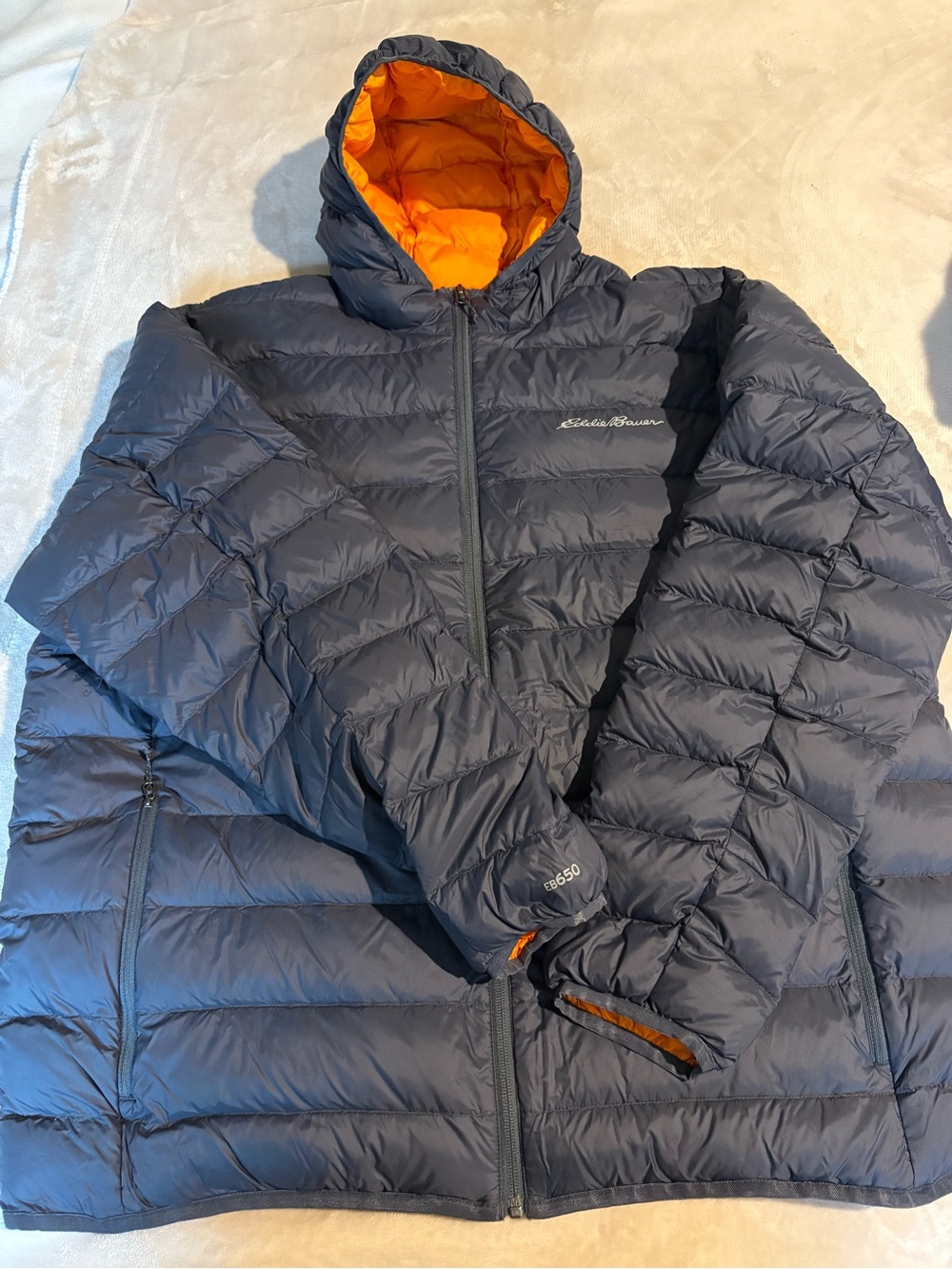 Eddie Bauer Navy Puffer Jacket with Orange Hood Lining
